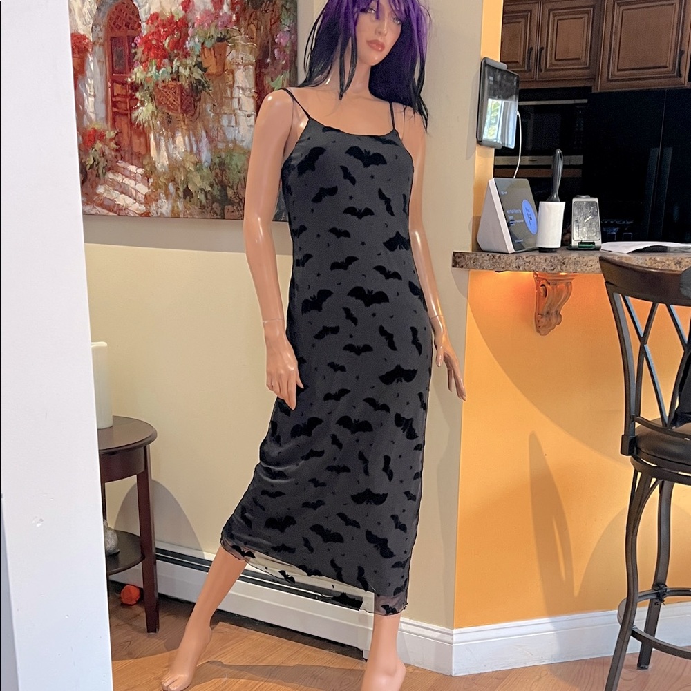 Black Bat Print Spaghetti S Strap long Dress nwt
